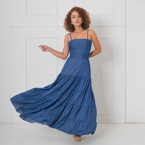 Vestido largo surcido chambray oscuro