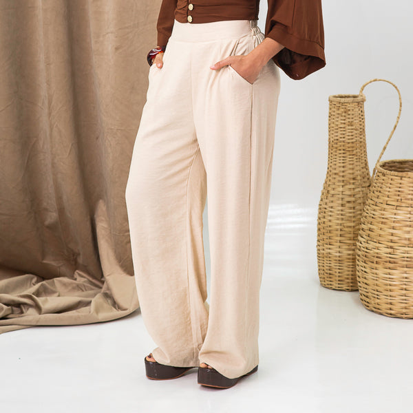 Pantalón bota recta con elástico en cintura camel