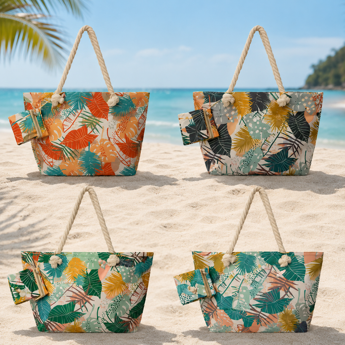 Bolso playero con monedero diseño estampado tropical